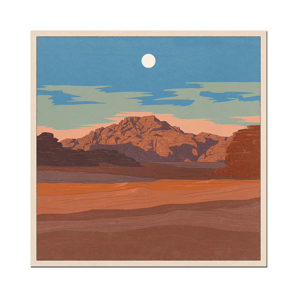 A print of a desert landscape with a mountain range in the far back.