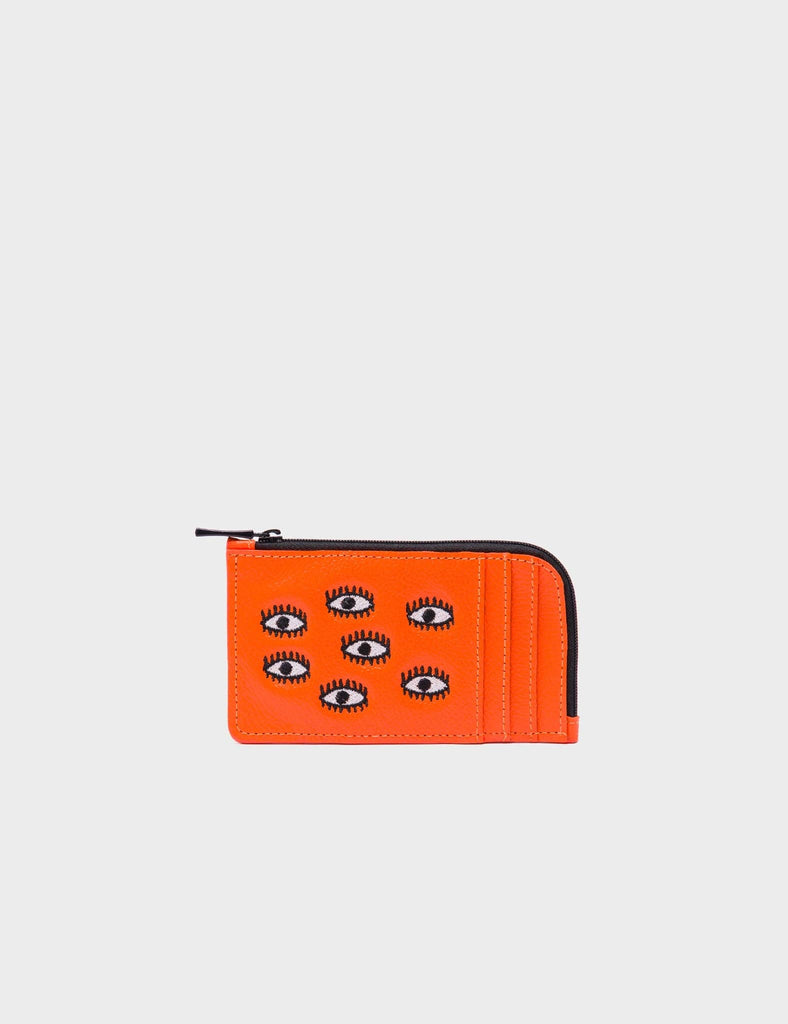 Leather Zip-around Cardholder | All Over Eyes Embroidery, Fausto Vermillion