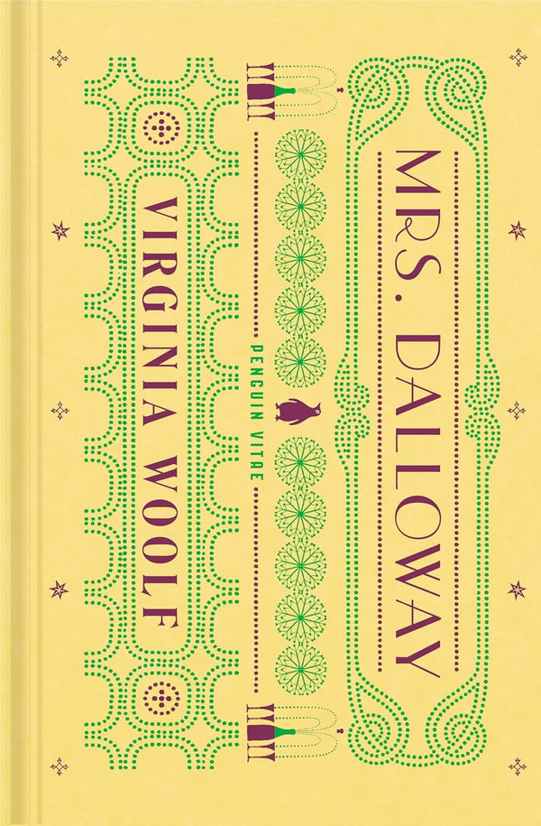 Book cover of 'Mrs. Dalloway' by Virginia Woolf with decorative elements on a yellow background