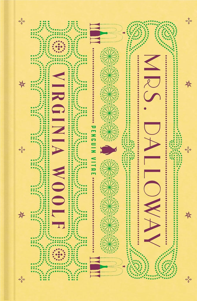 Book cover of 'Mrs. Dalloway' by Virginia Woolf with decorative elements on a yellow background