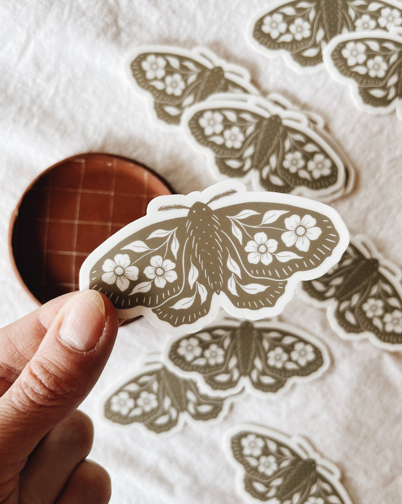 Sticker | Floral Moth Vinyl Sticker Sage Green Insect