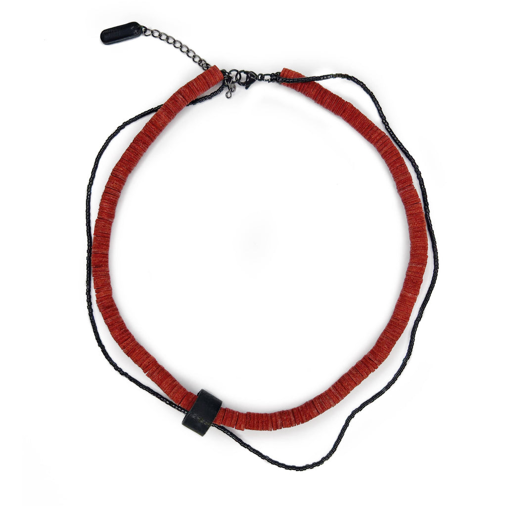 Choker Necklace | Red Leather with Black Bead String N020
