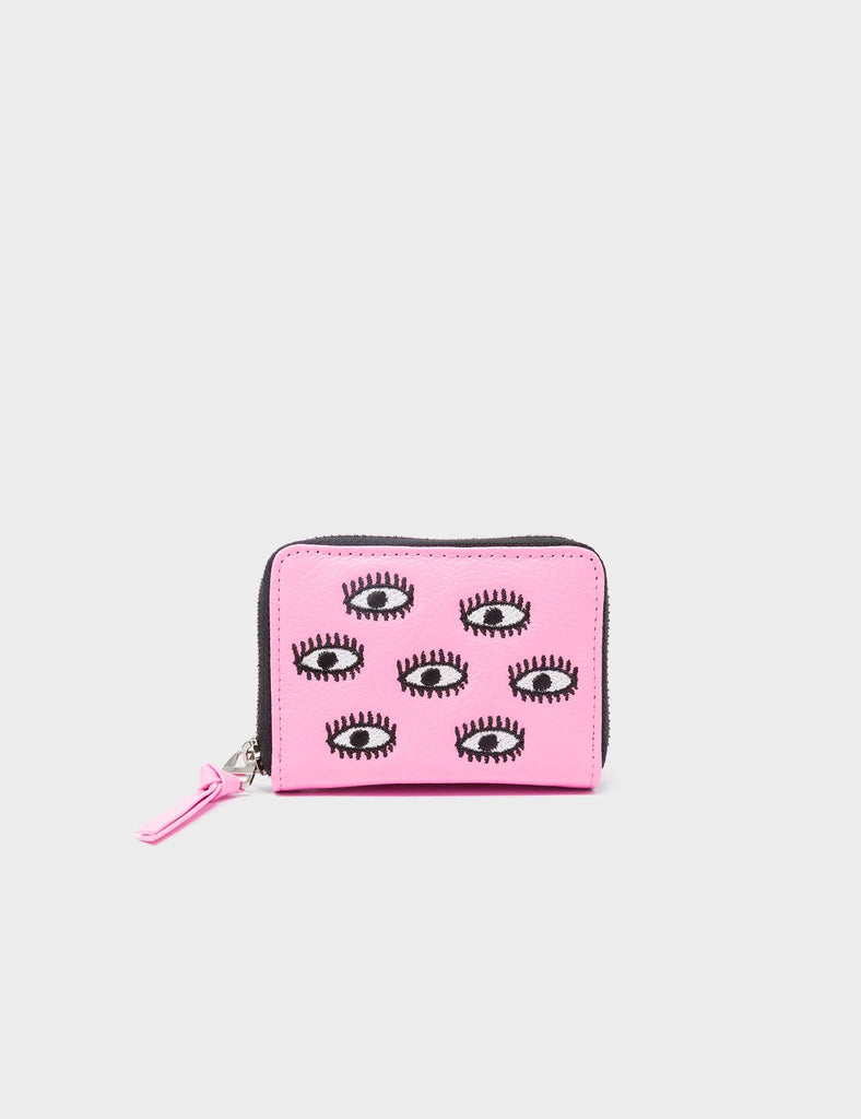 Leather Zip Around Wallet | Eyes Embroidery, Frodo Bubblegum Pink