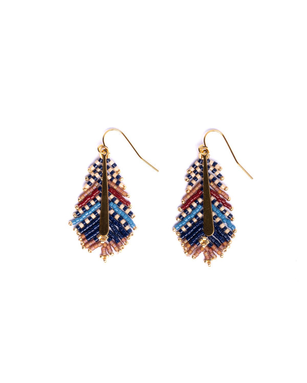 Earrings | Beaded Handwoven Gilded Feather (Blue/Brown)