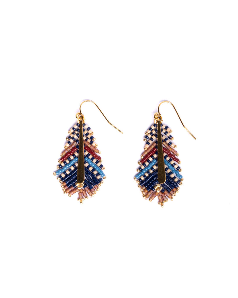 Earrings | Beaded Handwoven Gilded Feather (Blue/Brown)