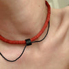 Choker Necklace | Red Leather with Black Bead String N020