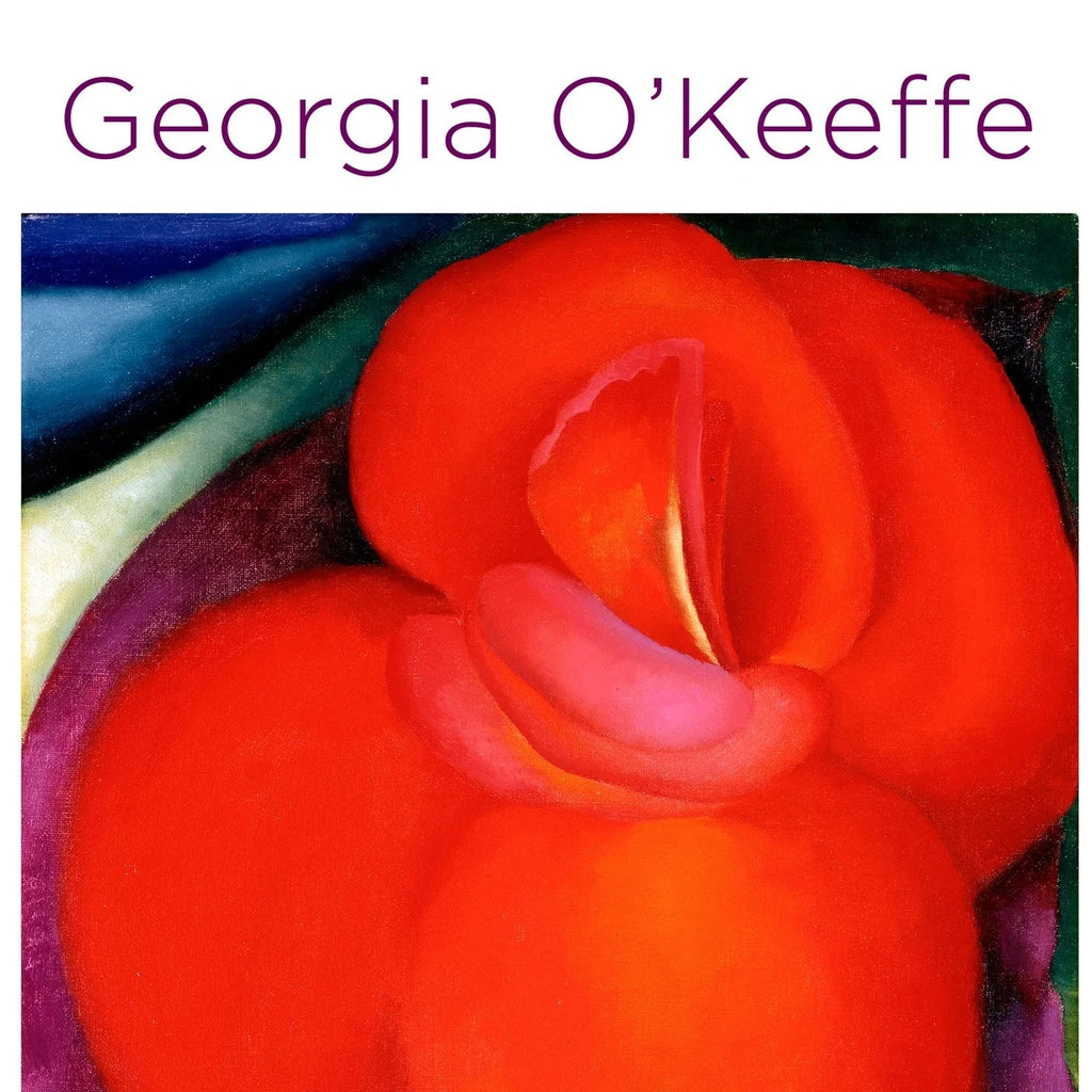 A white notecard folio with "Georgia O'Keefe" written in purple. There is an image of her abstract painting of a red flower on the cover. 