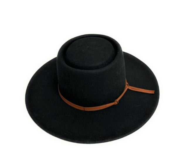 Wool Felt Rim Hat with knotted Tie Color - Black
