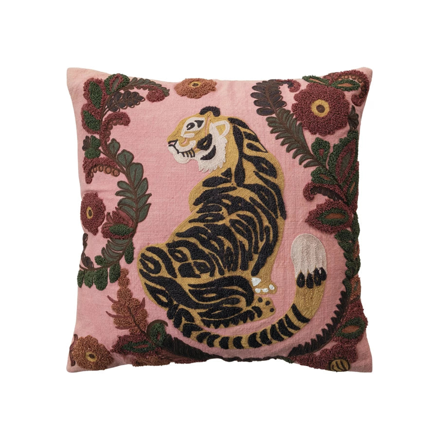 Square Pillow | Embroidered Tiger and Flowers