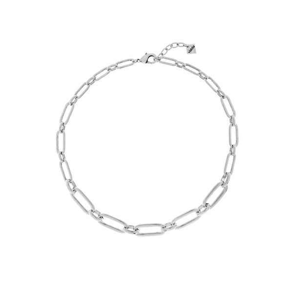 A  rectangle-link chain necklace in silver in a short length.