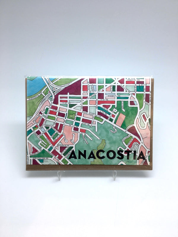 Greeting card with a colorful map of a city. The text reads: "Anacostia."