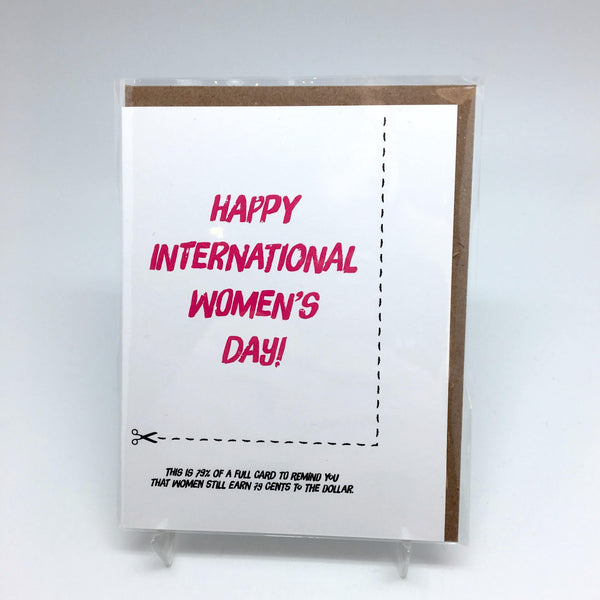 A greeting card with text in pink reading: "Happy International Women's Day!"