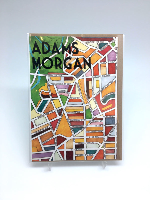 Greeting card with an illustration of a city grid. In big letters, it says "Adams Morgan."