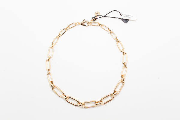 A golden chain necklace in front of a white background.