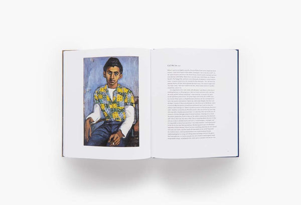 A look inside a book depicting text and a painting of a man.