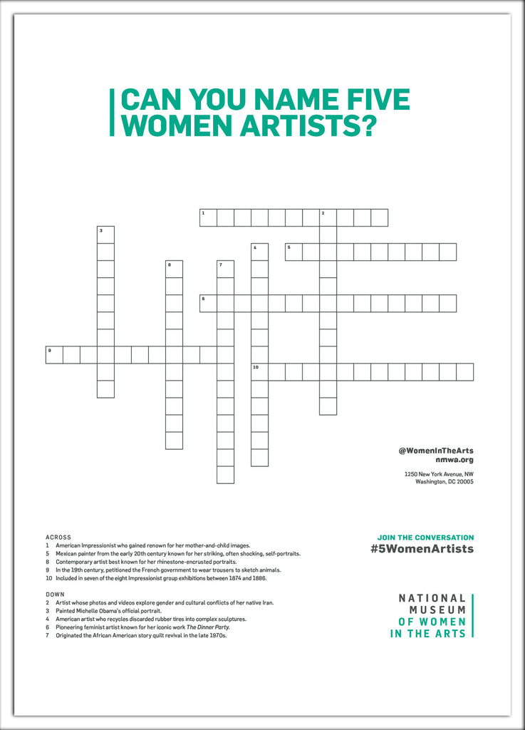 A white postcard with the title "Can you name five women artists?" and a crossword underneath.