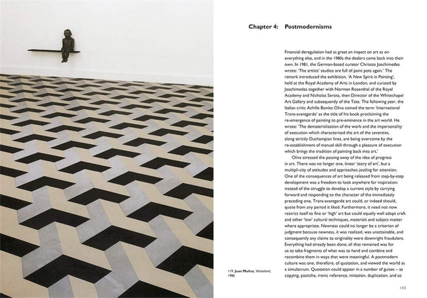 Look inside a book featuring text and a photograph of a tiled room with a sculpture of man.