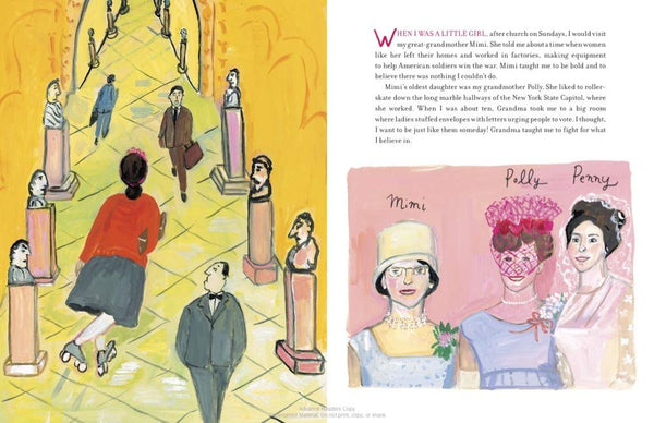 A look inside a book with illustrations of women and text. 