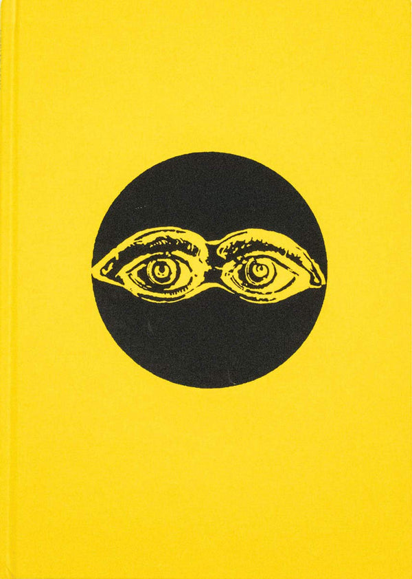 A yellow book cover with a print of a black circle and two eyes within that circle.