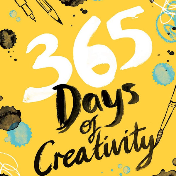 A yellow book cover with black paint spots and a paint brush on it. The title of the book reads: "365 Days of Creativity: Inspire Your Imagination with Art Every Day."