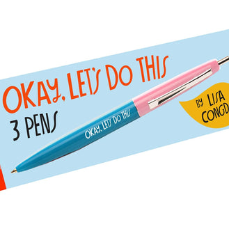 A box with a photo of a pen in pink and blue and text that reads "Okay let's do this". On the box, the text reads "Okay, let's do this. 3 pens" and "by Lisa Congdon".