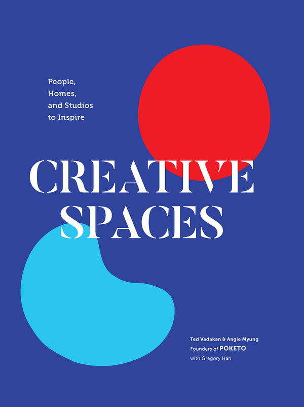 A blue book cover with a red and light blue shape and text in white. The text reads "Creative Spaces: People, Homes, and Studios to Inspire."