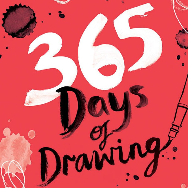 A red book cover with black paint spots and a paint brush on it. The title of the book reads: "365 Days of Drawing: Sketch and Paint Your Way Through the Creative Year."