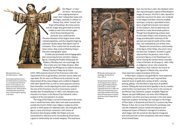 Look inside a book featuring text and photographs of wooden sculptures.