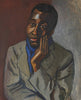 A book cover depicting a painting of a man with a dark skin tone sitting in front of a wall. He is wearing a suit and holds his head in one hand.