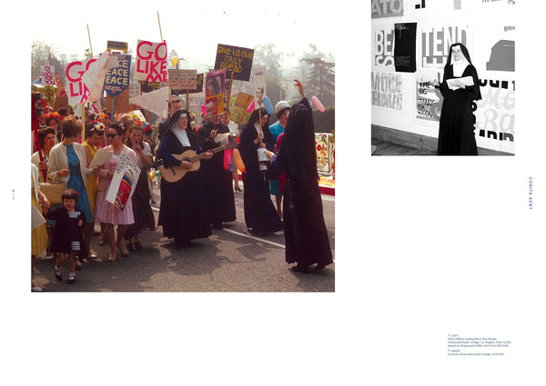 Look inside a bool featuring a photograph on each side featuring a nun playing a guitar and standing before art works.