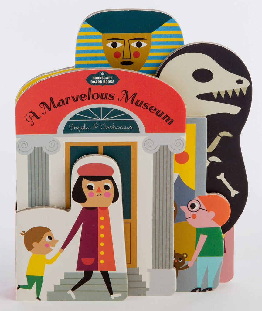 A 3D art book in the shape of a museum. The text reads "A Marvelous Museum." A woman holding a child's hand is walking by the museum.