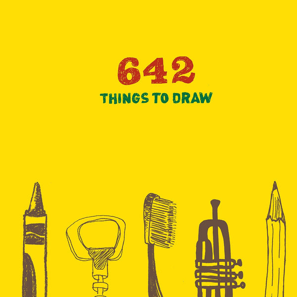 A yellow book cover with illustrations including a pencil and a trumpet. The title reads: "642 Things to Draw."
