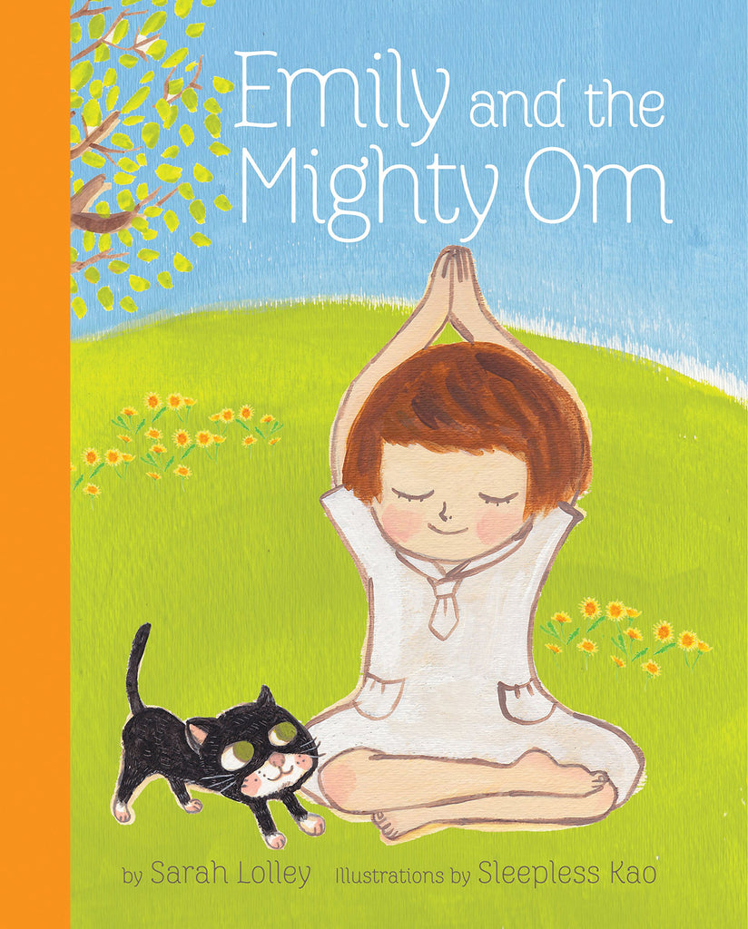 Colorful book cover with an illustration of a child doing yoga with a cat. The title reads "Emily and the Mighty Om."