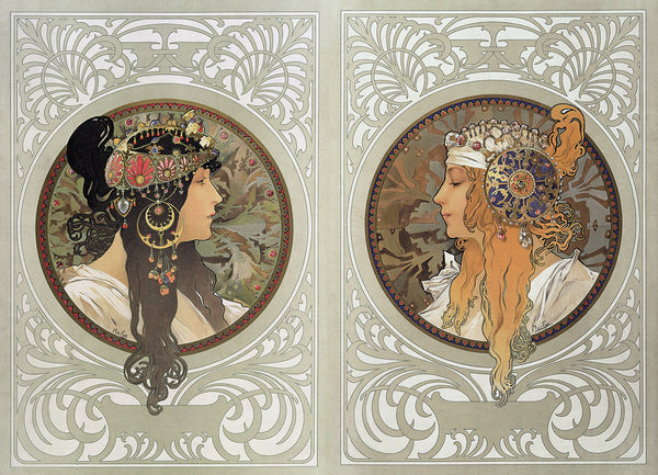 Look inside a book with ornate illustrations of two female heads covered in jewellery. 