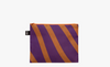 A recycled zip pocket bag with a stripe pattern in purple and orange.