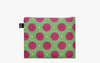 A recycled zip pocket bag with an abstract geometric pattern in green and yellow and pink polka dots printed over them.