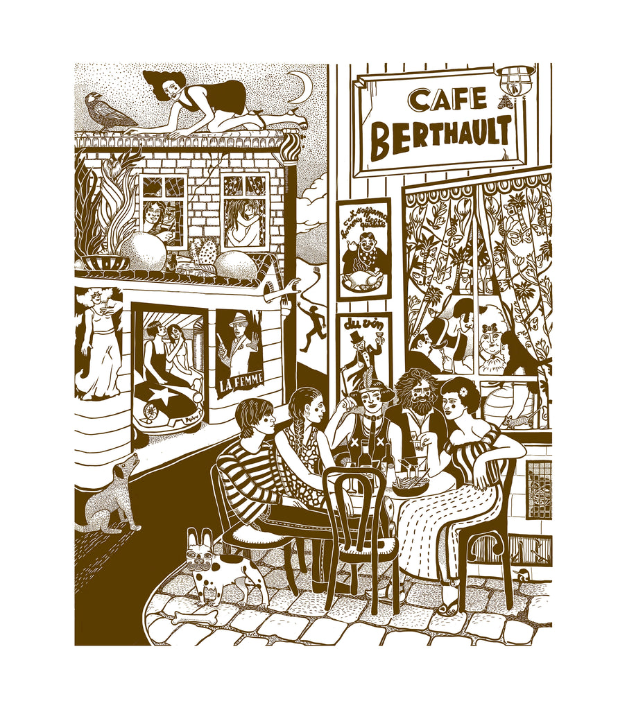 An illustration of a group of people sitting in a coffee shop late at night under the moonlight. They are in a lively discussion and there is a lot of commotion around them.