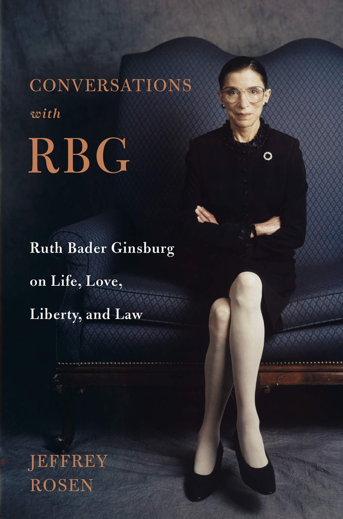 A book cover with a photograph of a woman with a light tone sitting on a blue sofa. The text reads "Conversations with RBG: Ruth Bader Ginsburg on Life, Love, Liberty, and Law."