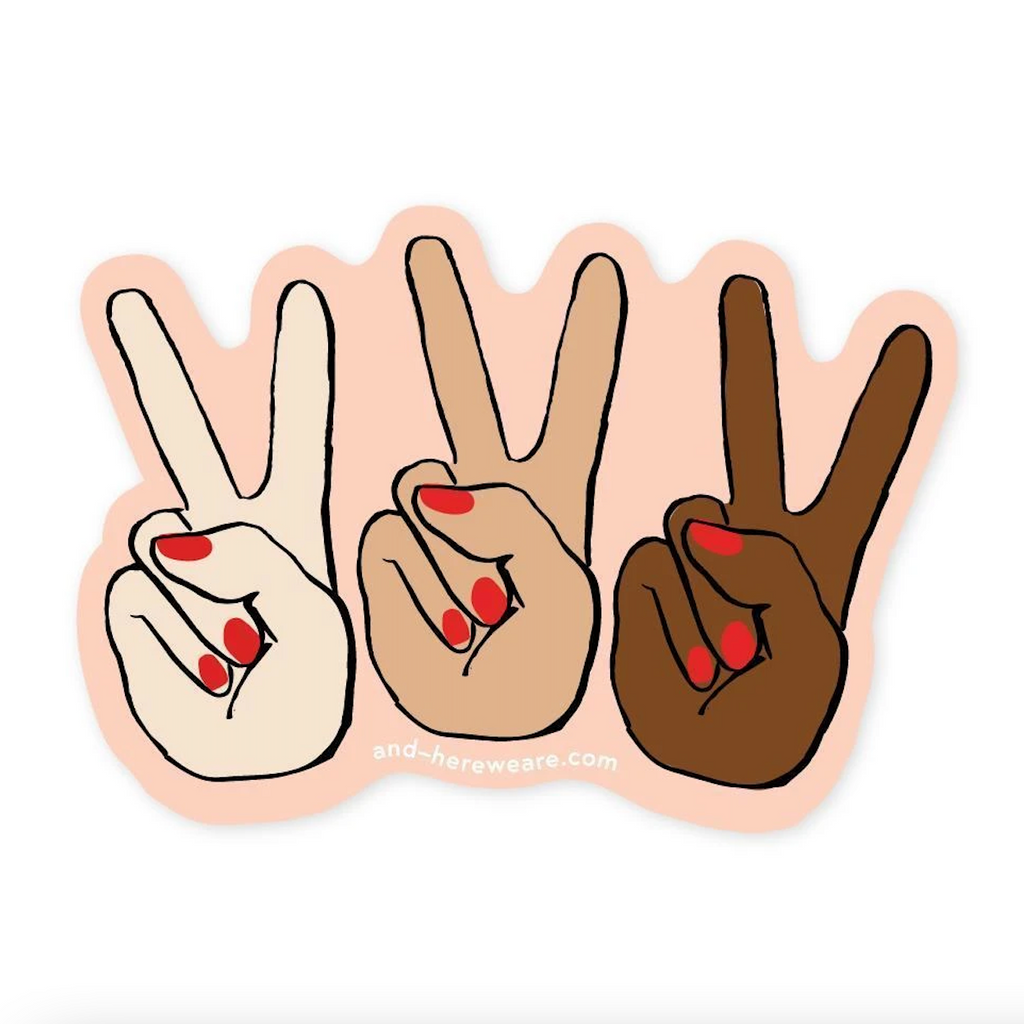 A white background with a sticker in front of it. The sticker is beige with three hands showing a peace sign on it. The hands each have red nails and different skin-tones. One is a light skin-tone, one is a medium skin-tone, and one is a dark skin-tone.
