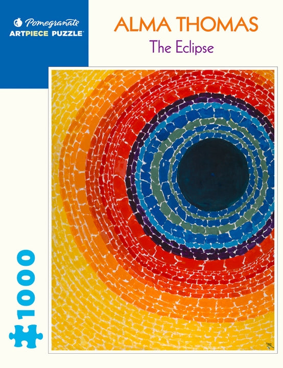 Puzzle showing a colorful art piece depicting a circle in red, blue, and yellow. The text reads: "Alma Thomas. The Eclipse."