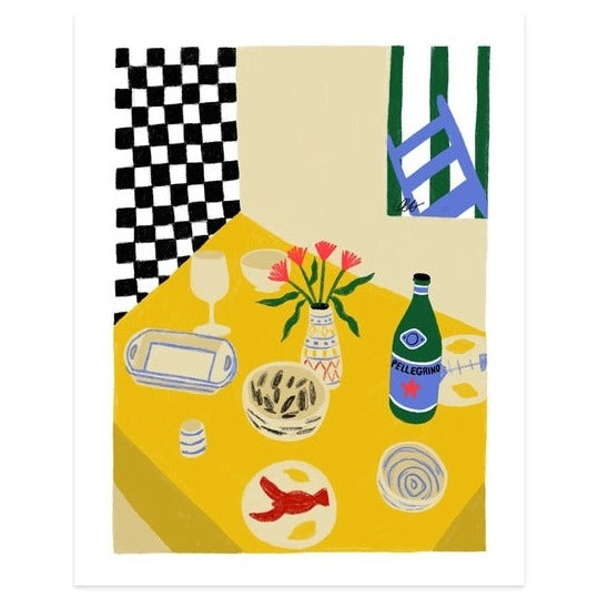Print of a table including a water bottle, lobster, and mussels.