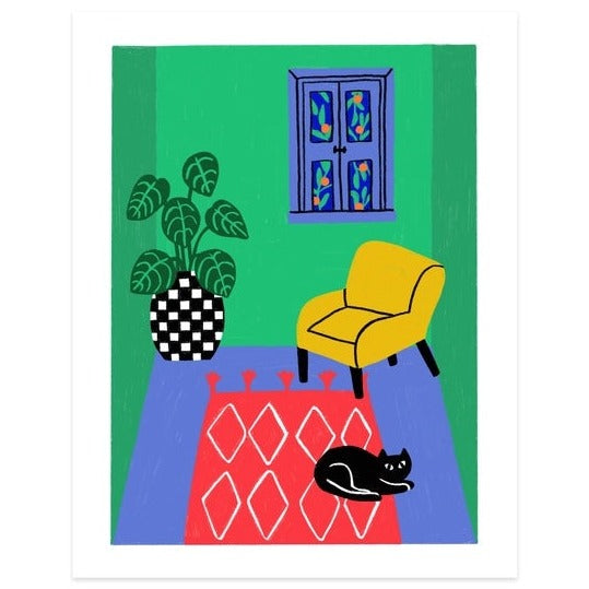 A colorful print of an interior room featuring a yellow chair, a cat on a red carpet, and a plant in a checkered vase.