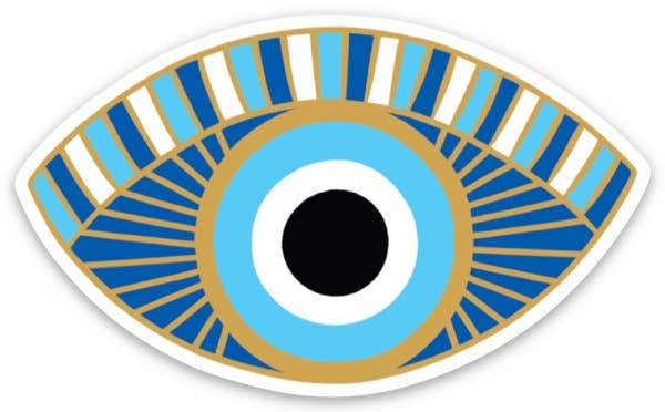 Sticker of a blue eye before a white background.