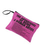 Pink clutch with a black zipper and text that reads: "The Advantages of Being a Woman Artist."