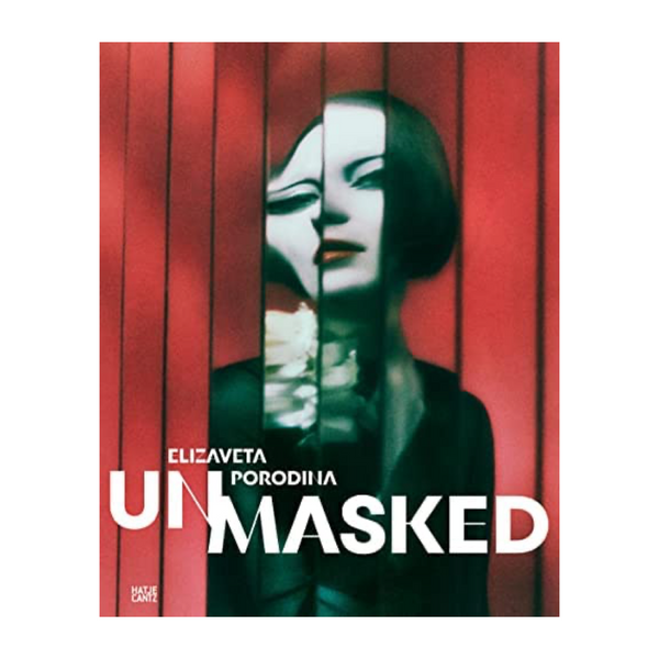 Red book cover with a portrait of a woman with a light skin tone, fractured. The title reads "Elizaveta Porodina: Un/Masked."