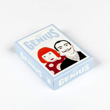Card game box featuring a man with a mustache and a woman with red hair and dress with polka dots. The title reads "Art Genius Playing Cards."