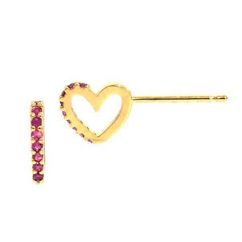 Golden studs in the shape of a heart with little red stones on its side.