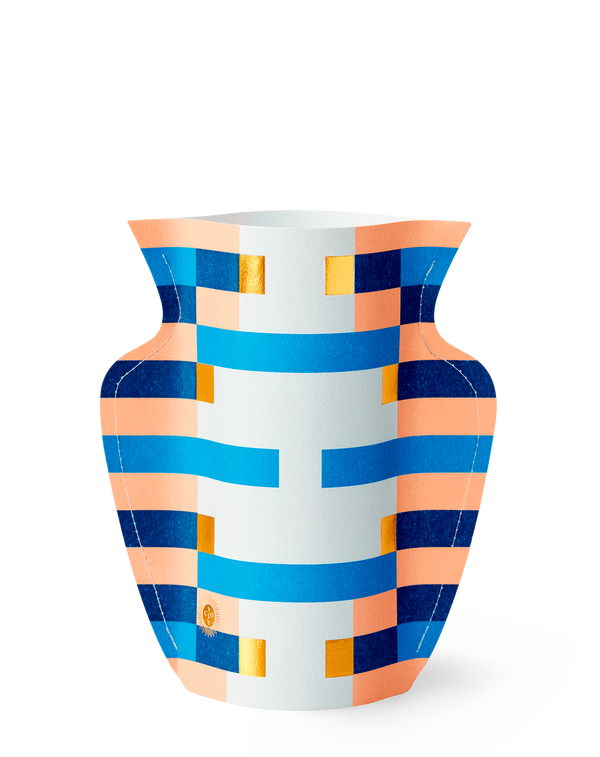A paper flower vase with an abstract pattern in blue and peach.